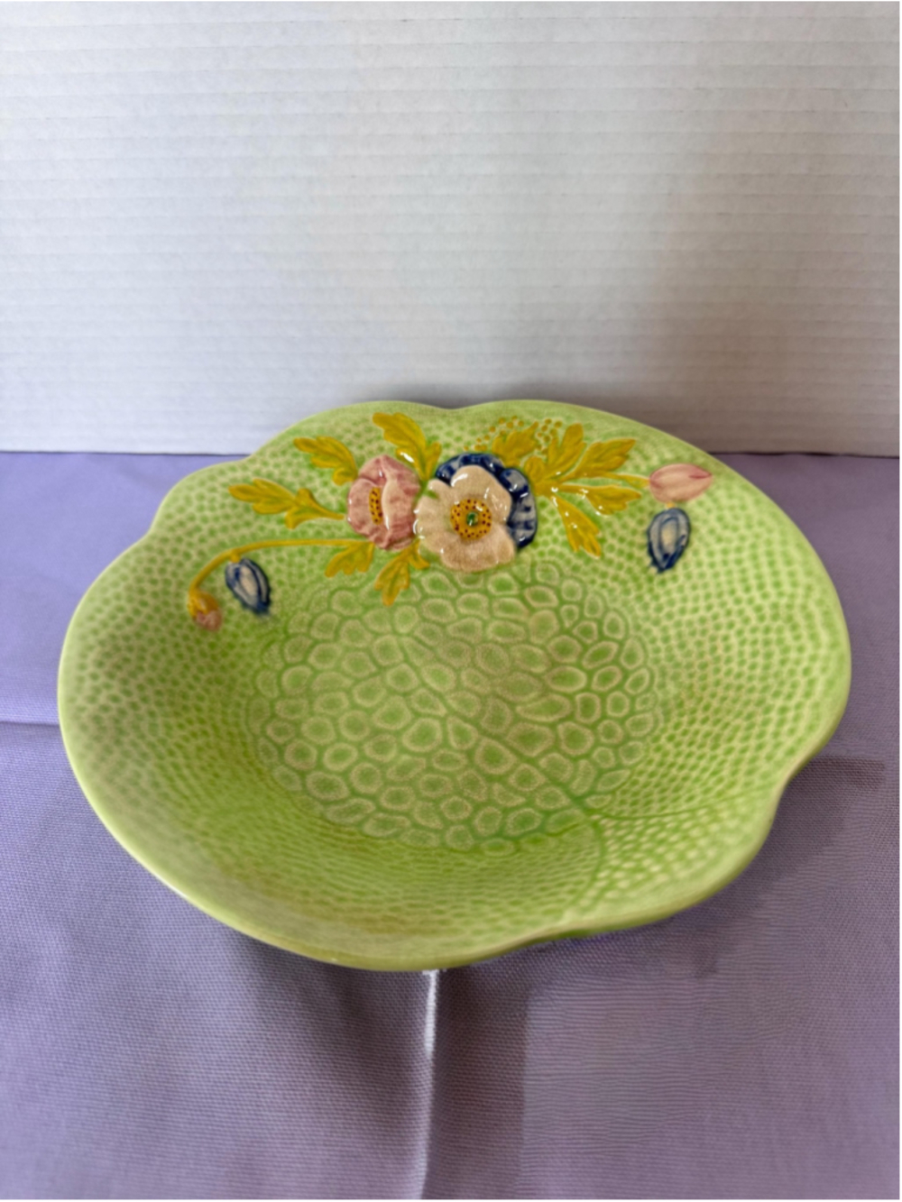Vintage Melba Ware Floral Serving Bowl | English Pottery Green Basketweave Dish